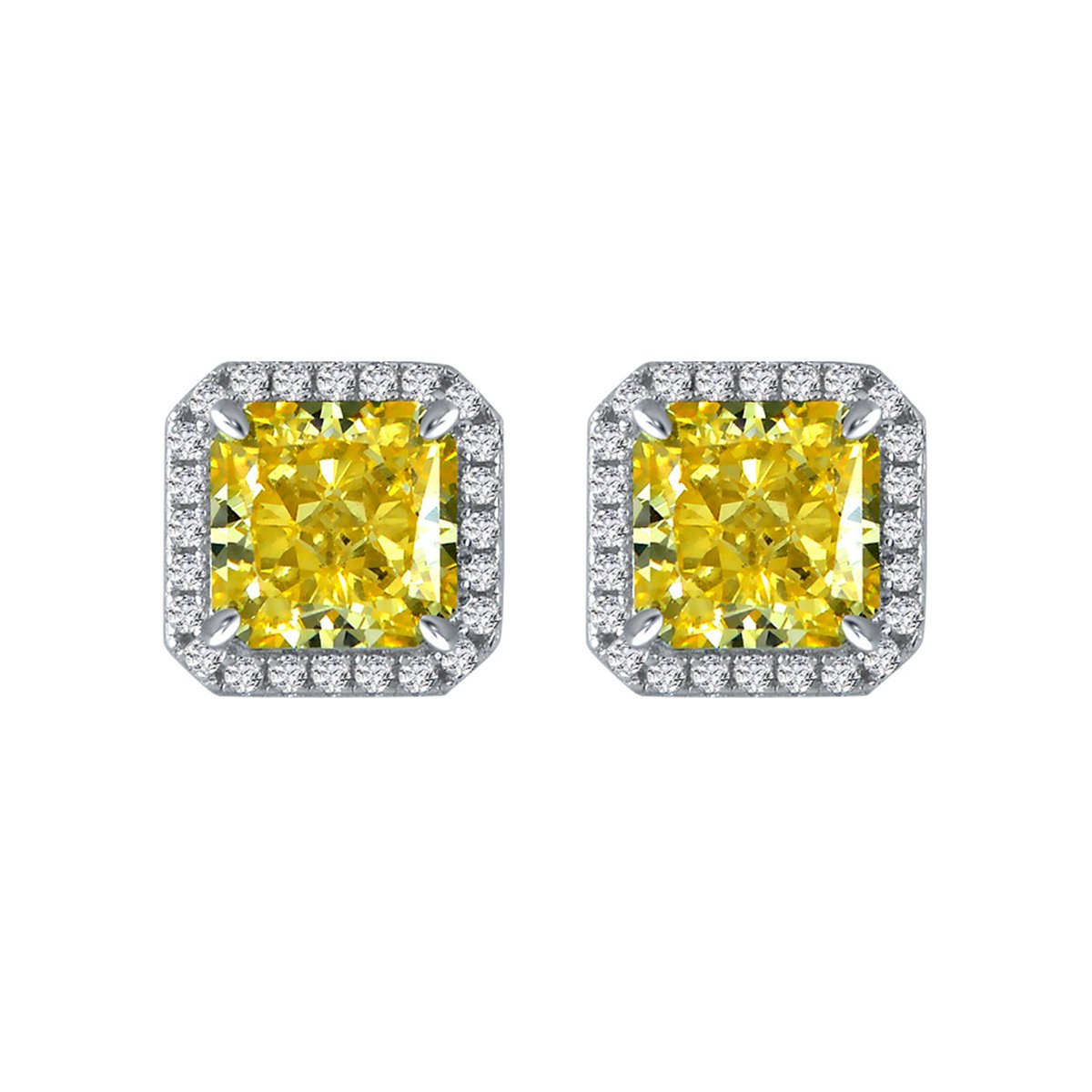 Yellow Crystal and Cubic Zirconia Square-Cut Halo Stud Earrings, stud earrings for women, elegant gift for her, side view