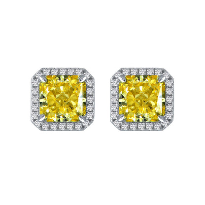Yellow Crystal and Cubic Zirconia Square-Cut Halo Stud Earrings, stud earrings for women, elegant gift for her, side view