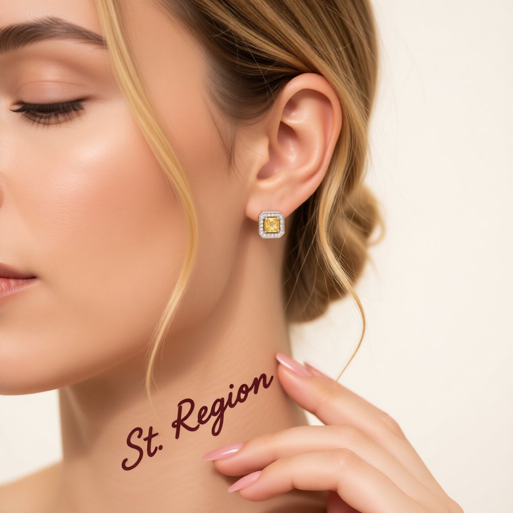 Yellow Crystal and Cubic Zirconia Square-Cut Halo Stud Earrings, stud earrings for women, elegant gift for her, styled look