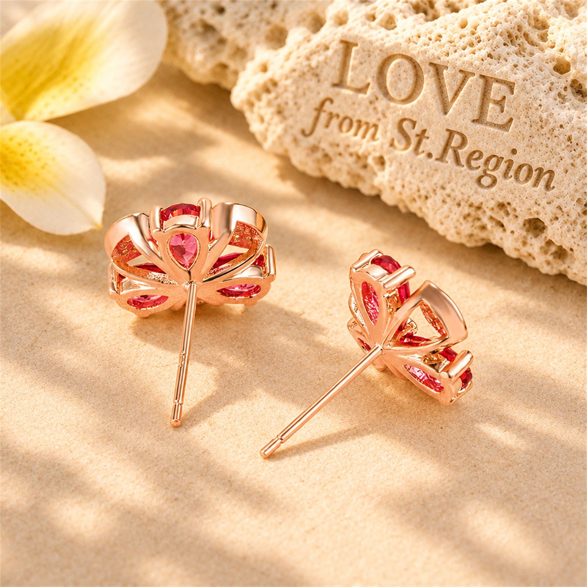 Red Cubic Zirconia and 18K Rose Gold-Plated Clover Stud Earrings, rose gold stud earrings for women, lifestyle look