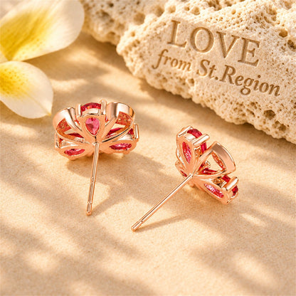 Red Cubic Zirconia and 18K Rose Gold-Plated Clover Stud Earrings, rose gold stud earrings for women, lifestyle look