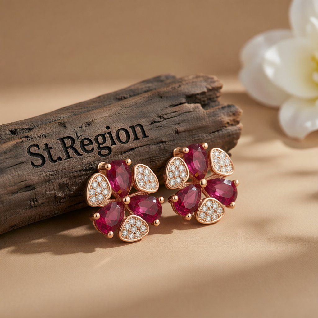 Red Cubic Zirconia and 18K Rose Gold-Plated Clover Stud Earrings, rose gold stud earrings for women, front view