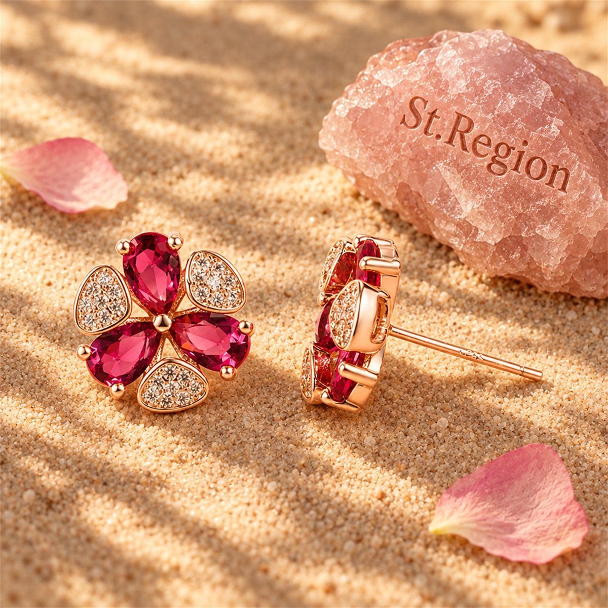 Red Cubic Zirconia and 18K Rose Gold-Plated Clover Stud Earrings, rose gold stud earrings for women, detail close-up