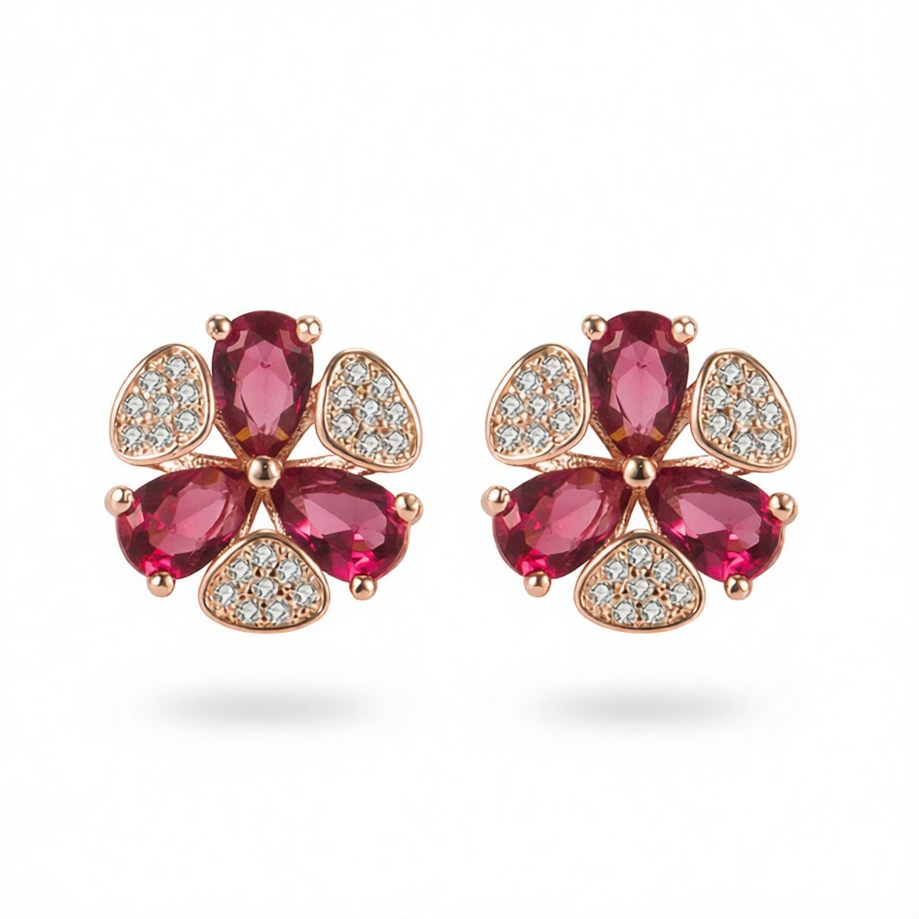 Red Cubic Zirconia and 18K Rose Gold-Plated Clover Stud Earrings, rose gold stud earrings for women, side view