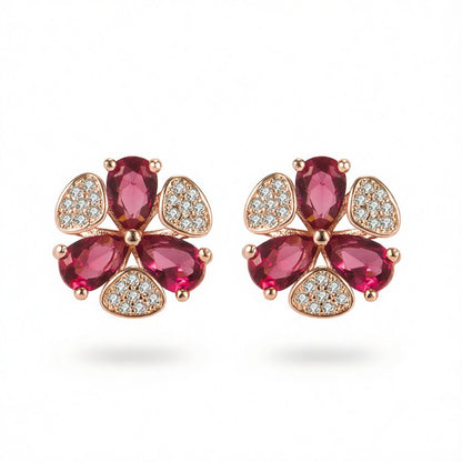 Red Cubic Zirconia and 18K Rose Gold-Plated Clover Stud Earrings, rose gold stud earrings for women, side view