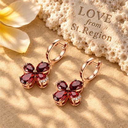 Red Crystal and 18K Rose Gold-Plated Clover Drop Earrings, rose gold huggie earrings, everyday style, lifestyle look