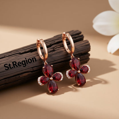 Red Crystal and 18K Rose Gold-Plated Clover Drop Earrings, rose gold huggie earrings, everyday style, front view
