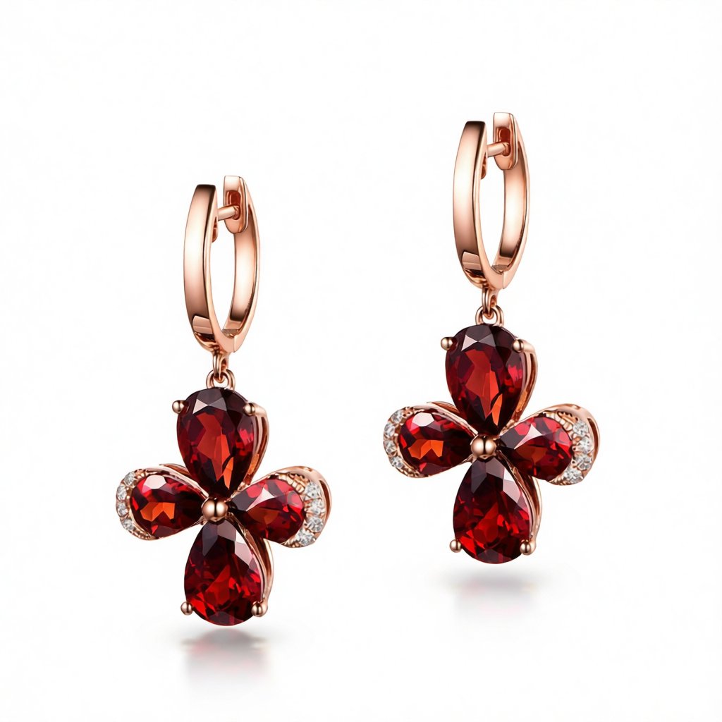 Red Crystal and 18K Rose Gold-Plated Clover Drop Earrings, rose gold huggie earrings, everyday style, side view