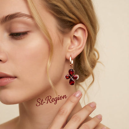 Red Crystal and 18K Rose Gold-Plated Clover Drop Earrings, rose gold huggie earrings, everyday style, styled look