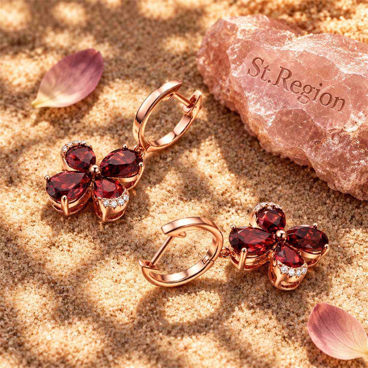 Red Crystal and 18K Rose Gold-Plated Clover Drop Earrings, rose gold huggie earrings, everyday style, detail close-up