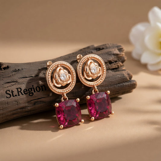 Red Crystal & Cubic Zirconia Rose Drop Earrings
