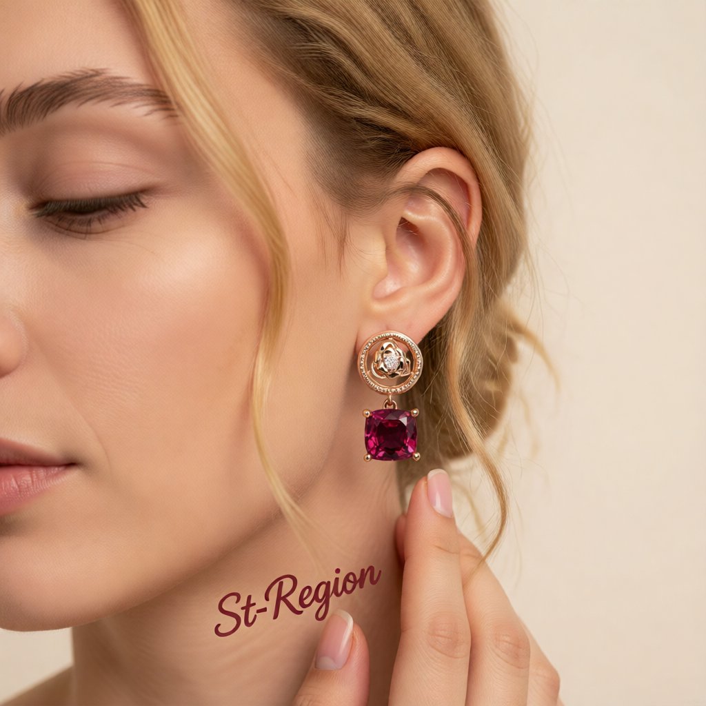 Red Crystal & Cubic Zirconia Rose Drop Earrings