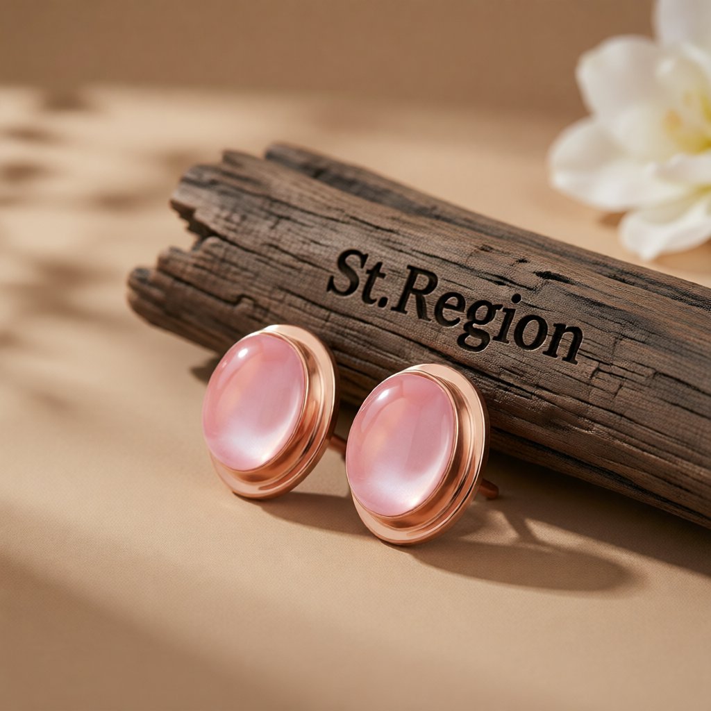 Pink Crystal and 18K Rose Gold-Plated Oval Stud Earrings, rose gold stud earrings for women, botanical inspired, front view