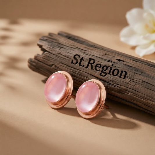 Pink Crystal and 18K Rose Gold-Plated Oval Stud Earrings, rose gold stud earrings for women, botanical inspired, front view