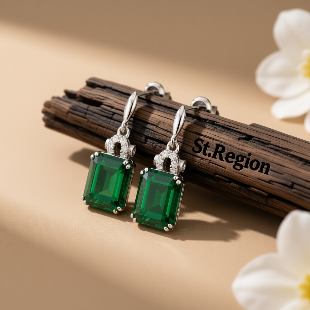 Green Crystal and Cubic Zirconia Princess-Cut Drop Earrings, drop earrings for women, elegant gift for her, front view