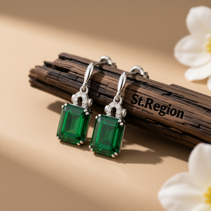 Green Crystal and Cubic Zirconia Princess-Cut Drop Earrings, drop earrings for women, elegant gift for her, front view