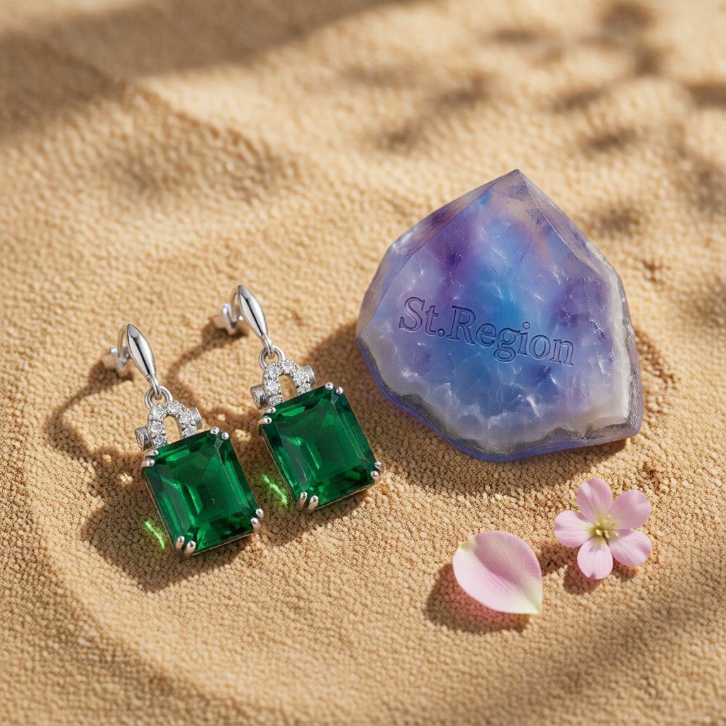 Green Crystal and Cubic Zirconia Princess-Cut Drop Earrings, drop earrings for women, elegant gift for her, detail close-up