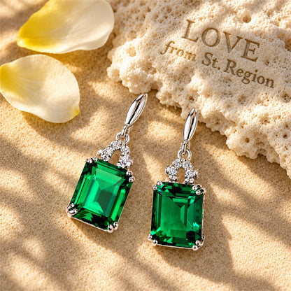 Green Crystal and Cubic Zirconia Princess-Cut Drop Earrings, drop earrings for women, elegant gift for her, lifestyle look