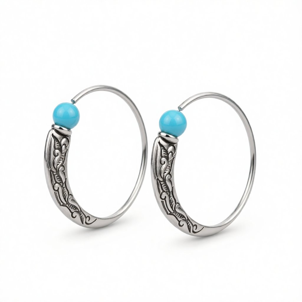 Turquoise & Silver-Plated Hoop Earrings