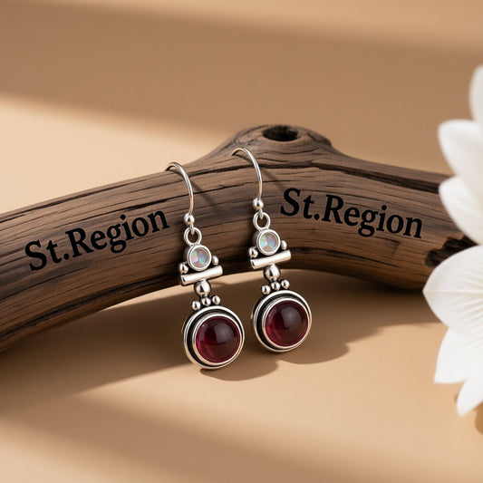 Red Moonstone and Silver-Plated Round Drop Earrings, silver drop earrings for women, vintage-inspired design, front view
