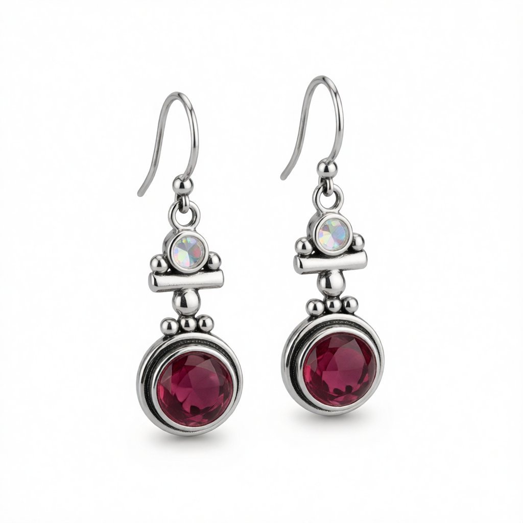 Red Moonstone and Silver-Plated Round Drop Earrings, silver drop earrings for women, vintage-inspired design, side view