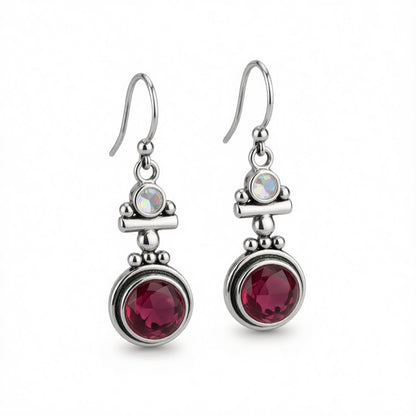 Red Moonstone and Silver-Plated Round Drop Earrings, silver drop earrings for women, vintage-inspired design, side view