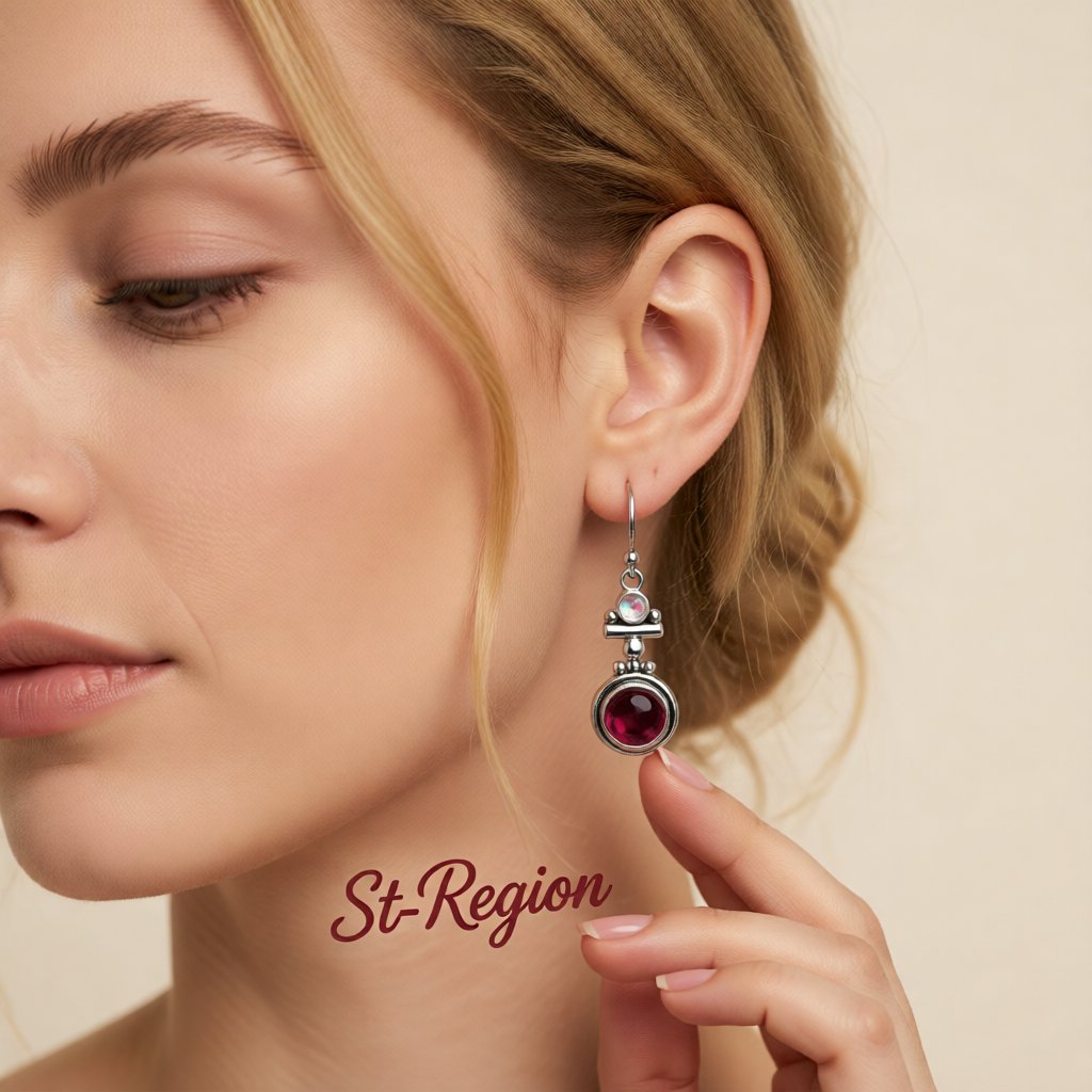 Red Moonstone and Silver-Plated Round Drop Earrings, silver drop earrings for women, vintage-inspired design, styled look