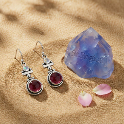 Red Moonstone and Silver-Plated Round Drop Earrings, silver drop earrings for women, vintage-inspired design, detail close-up