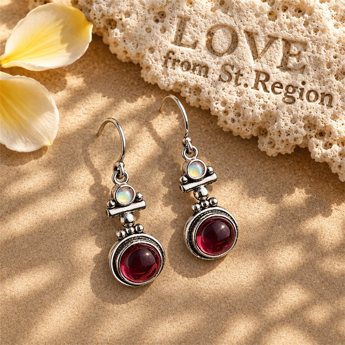Red Moonstone and Silver-Plated Round Drop Earrings, silver drop earrings for women, vintage-inspired design, lifestyle look