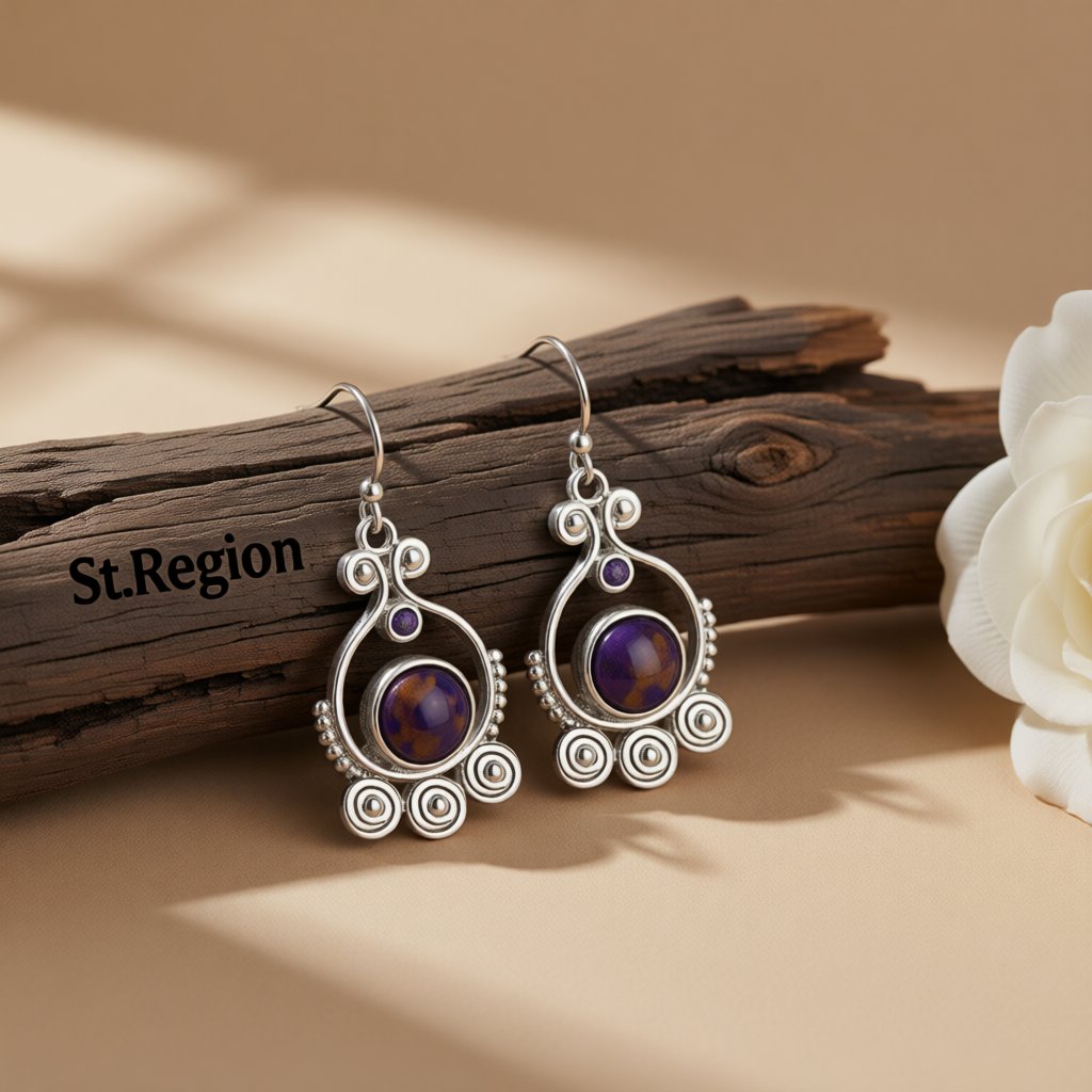 Purple Turquoise and Cubic Zirconia Silver-Plated Drop Earrings, silver drop earrings for women, front view