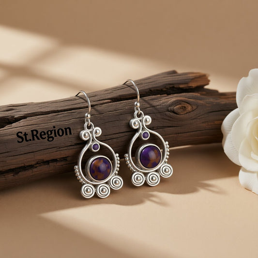 Purple Turquoise and Cubic Zirconia Silver-Plated Drop Earrings, silver drop earrings for women, front view