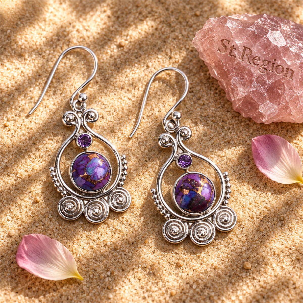 Purple Turquoise and Cubic Zirconia Silver-Plated Drop Earrings, silver drop earrings for women, detail close-up