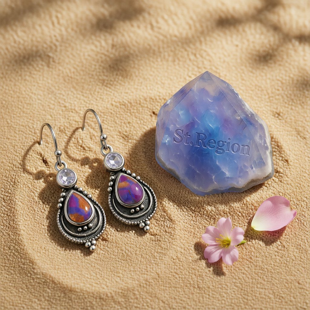 Purple Turquoise and Crystal Silver-Plated Teardrop Earrings, silver drop earrings for women, detail close-up