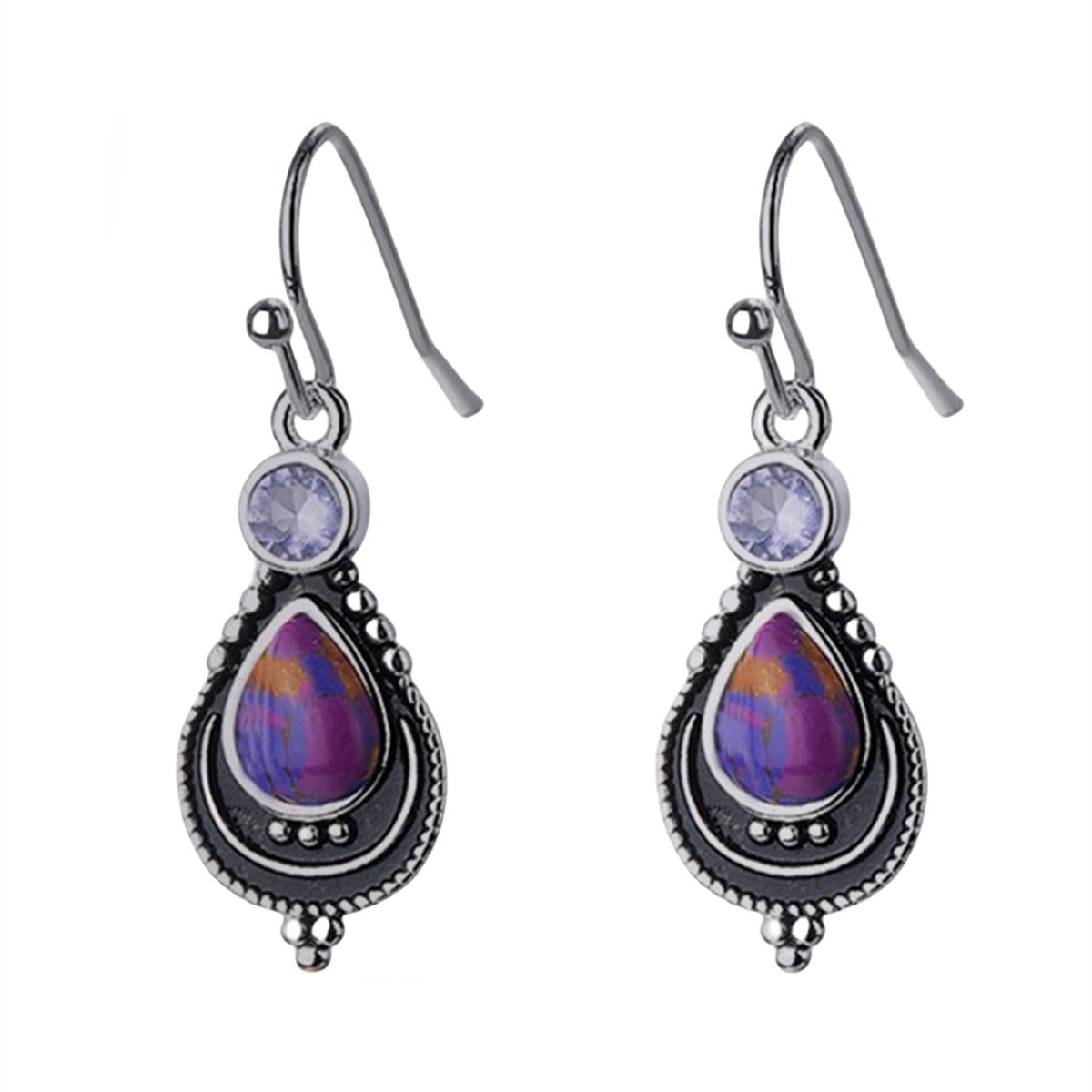 Purple Turquoise and Crystal Silver-Plated Teardrop Earrings, silver drop earrings for women, elegant gift for her, side view