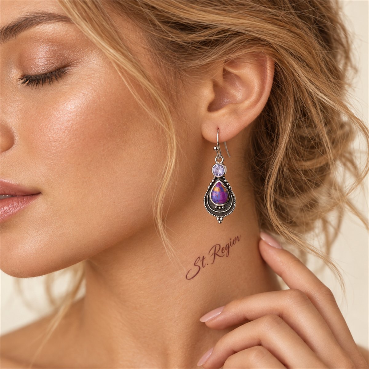 Purple Turquoise and Crystal Silver-Plated Teardrop Earrings, silver drop earrings for women, styled look
