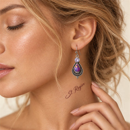 Purple Turquoise and Crystal Silver-Plated Teardrop Earrings, silver drop earrings for women, styled look