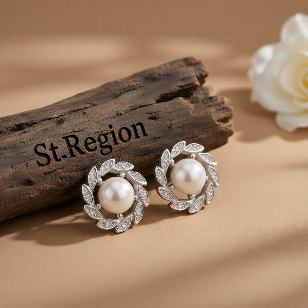 Pearl & Cubic Zirconia Silver-Plated Leaf Halo Stud Earrings