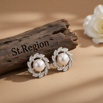Pearl & Cubic Zirconia Silver-Plated Leaf Halo Stud Earrings