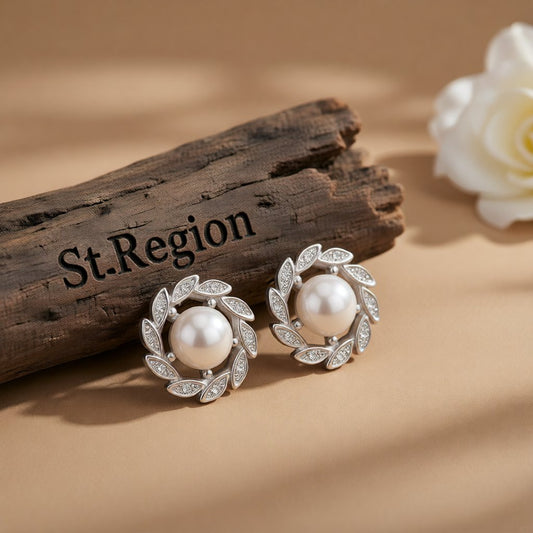 Pearl & Cubic Zirconia Silver-Plated Leaf Halo Stud Earrings