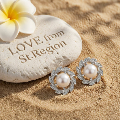 Pearl & Cubic Zirconia Silver-Plated Leaf Halo Stud Earrings