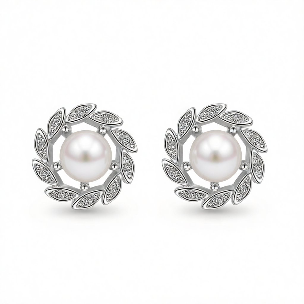 Pearl & Cubic Zirconia Silver-Plated Leaf Halo Stud Earrings