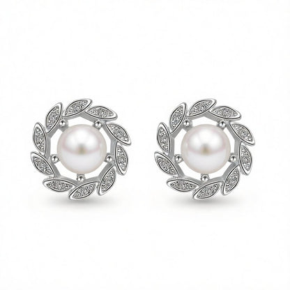 Pearl & Cubic Zirconia Silver-Plated Leaf Halo Stud Earrings
