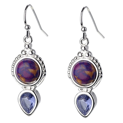 Purple Turquoise and Crystal Silver-Plated Pear-Cut Drop Earrings, silver drop earrings for women, side view