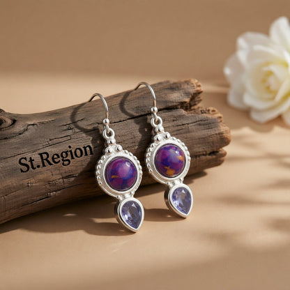Purple Turquoise and Crystal Silver-Plated Pear-Cut Drop Earrings, silver drop earrings for women, front view