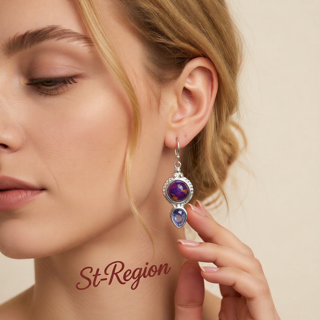 Purple Turquoise and Crystal Silver-Plated Pear-Cut Drop Earrings, silver drop earrings for women, styled look