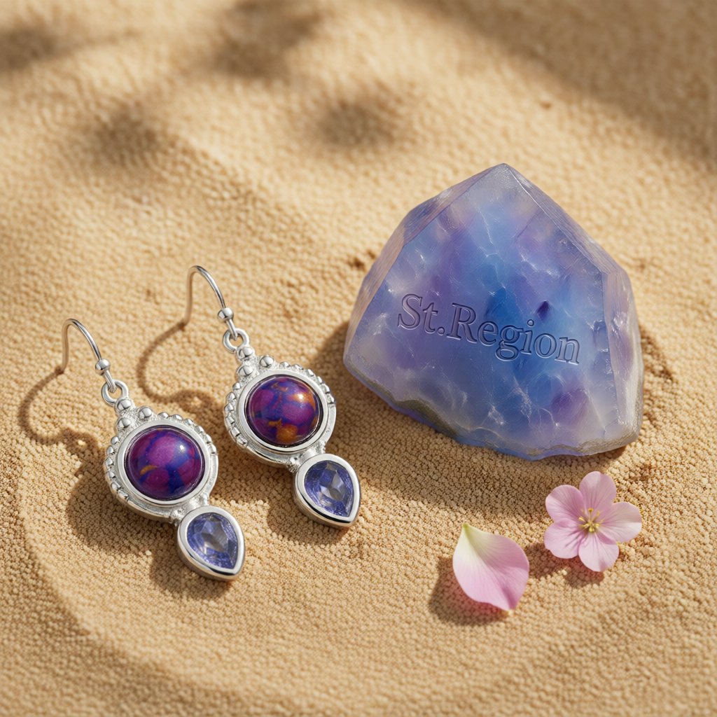 Purple Turquoise and Crystal Silver-Plated Pear-Cut Drop Earrings, silver drop earrings for women, detail close-up