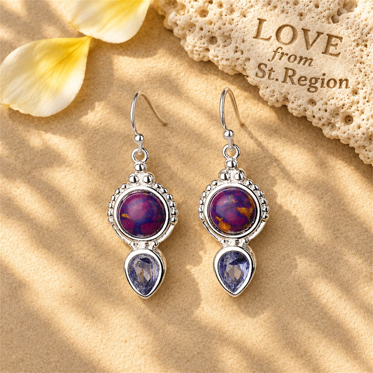 Purple Turquoise and Crystal Silver-Plated Pear-Cut Drop Earrings, silver drop earrings for women, lifestyle look