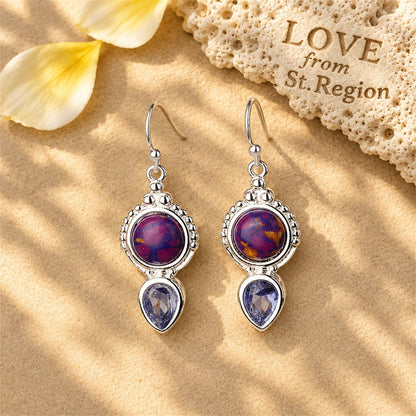 Purple Turquoise and Crystal Silver-Plated Pear-Cut Drop Earrings, silver drop earrings for women, lifestyle look