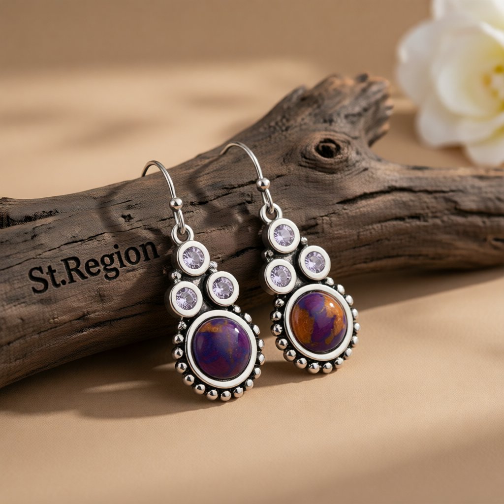 Turquoise and Crystal Silver-Plated Tri-Dot Drop Earrings, silver drop earrings for women, front view