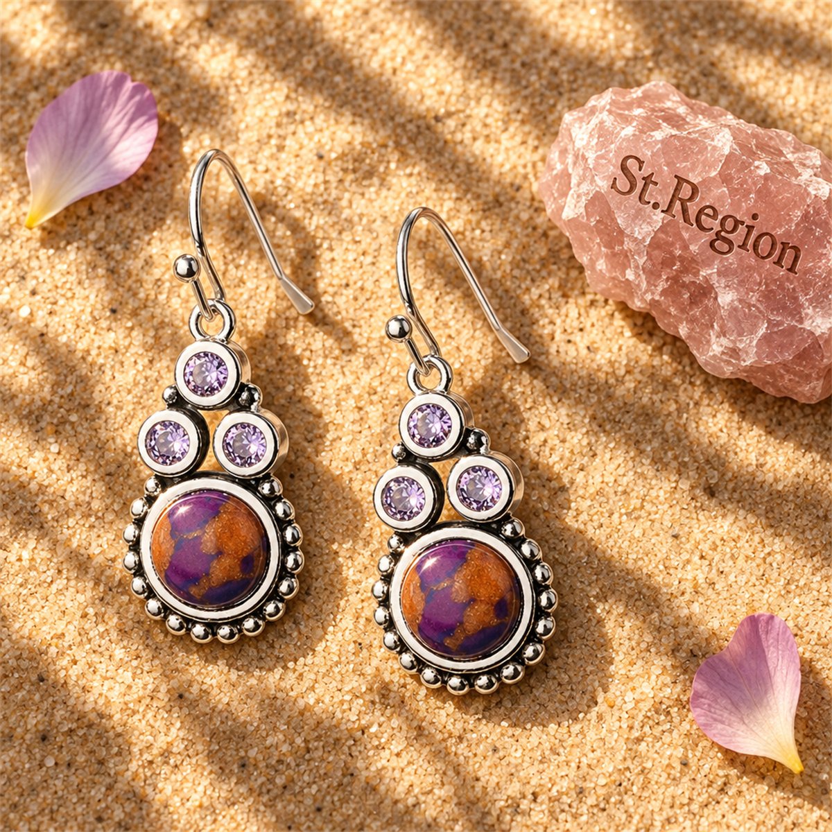 Turquoise and Crystal Silver-Plated Tri-Dot Drop Earrings, silver drop earrings for women, detail close-up